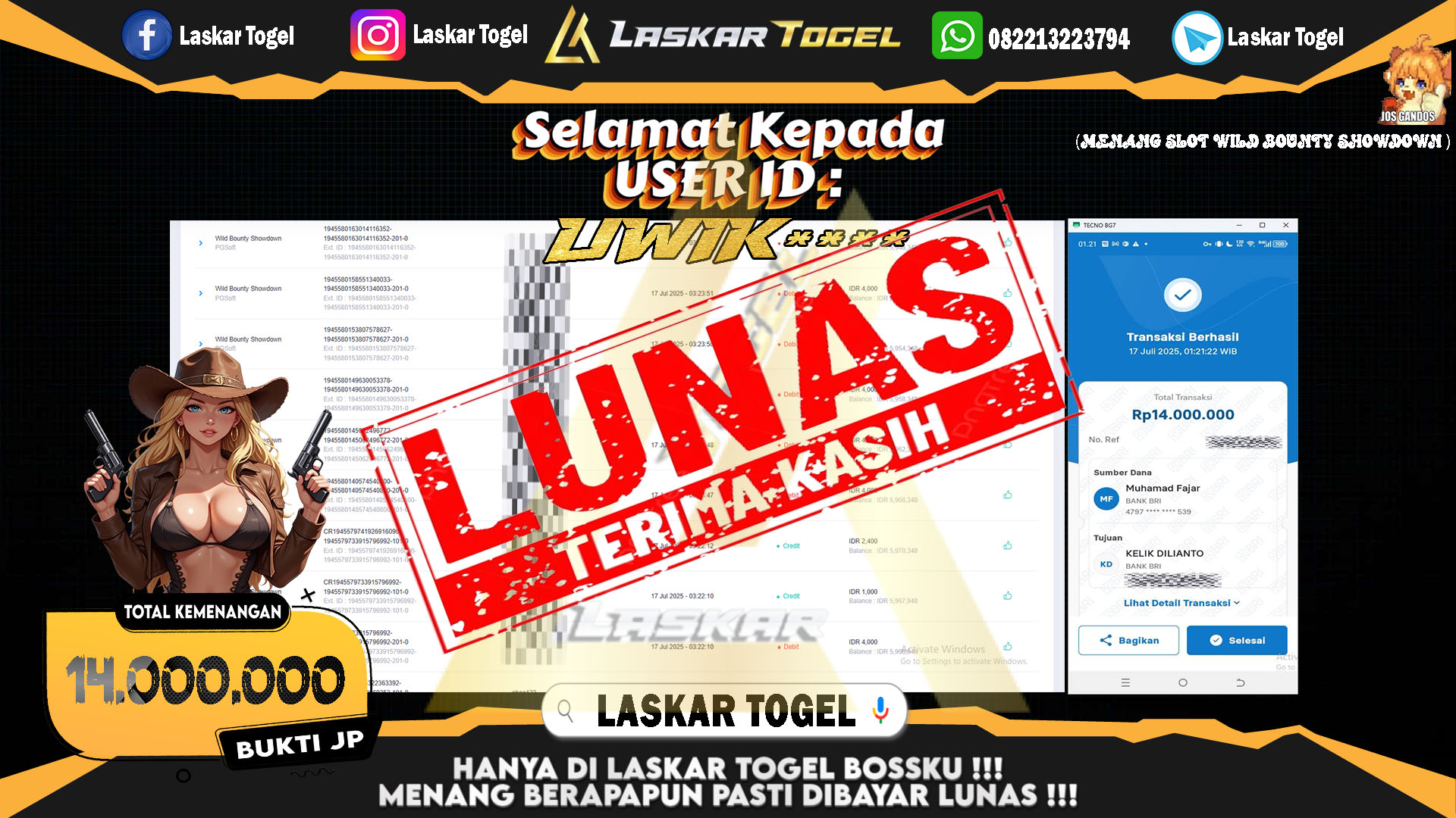 LASKARTOGEL JACKPOT SLOT WILD BOUNTY SHOWDOWN Rp.14.000.000.,- LUNAS